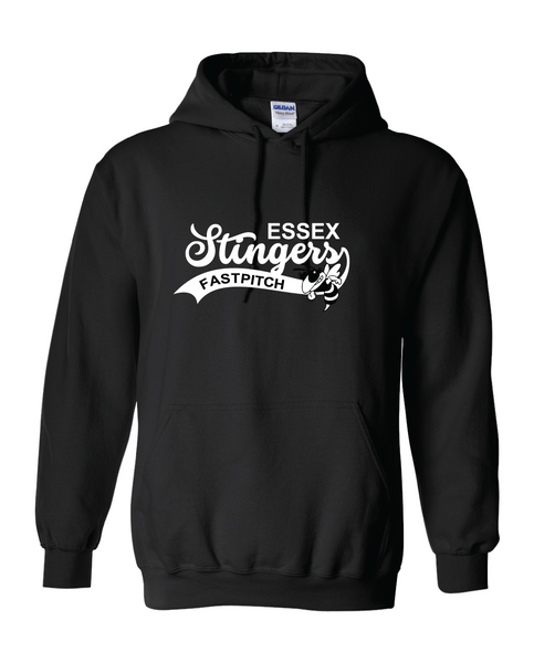 Black hoodie with 'Essex Stingers Fastpitch' text and logo on a white background