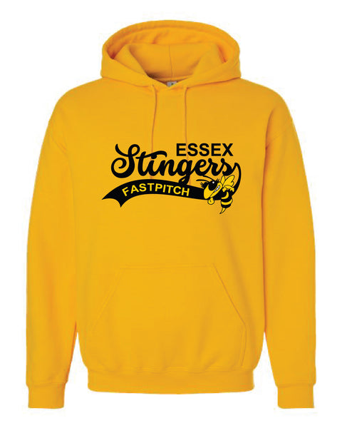 Yellow hoodie with 'Essex Stingers Fastpitch' text and logo on a white background
