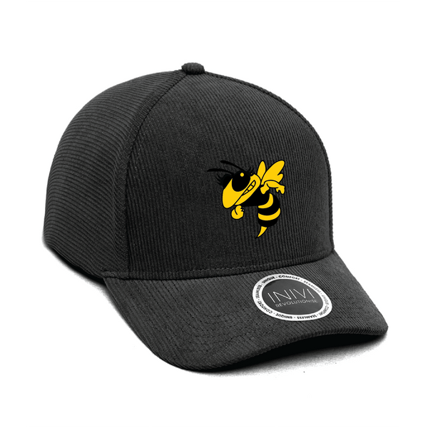 Black cap with yellow logo on a white background