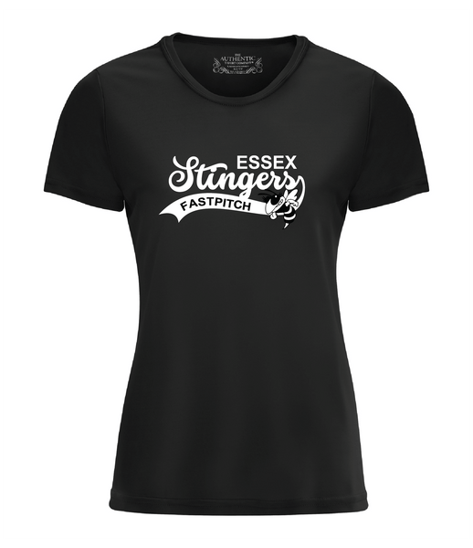 Black t-shirt with 'Essex Stingers Fastpitch' text on a white background
